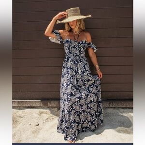 VICI Acacia Navy and White Floral Off Shoulder Maxi Dress Small